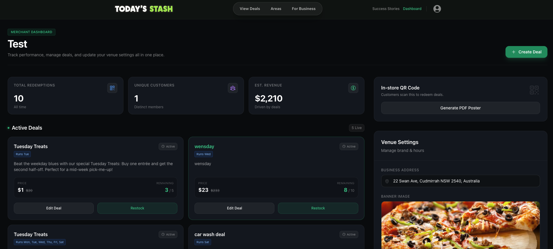 Merchant dashboard — analytics, deal management, venue settings
